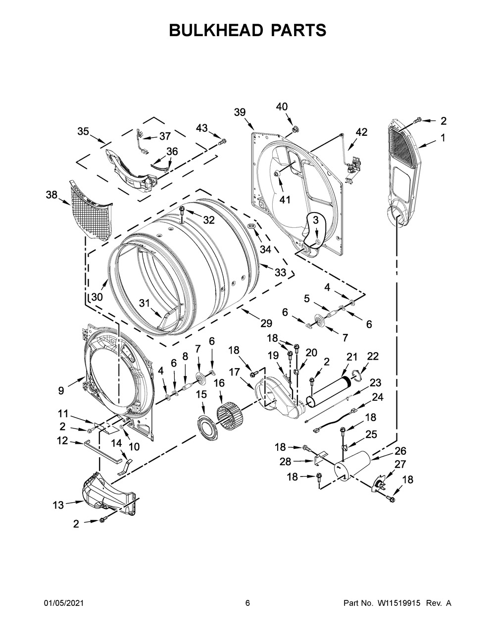 Bulkhead Parts Diagram and Parts List for MGD6630HC3  Whirlpool Dryer