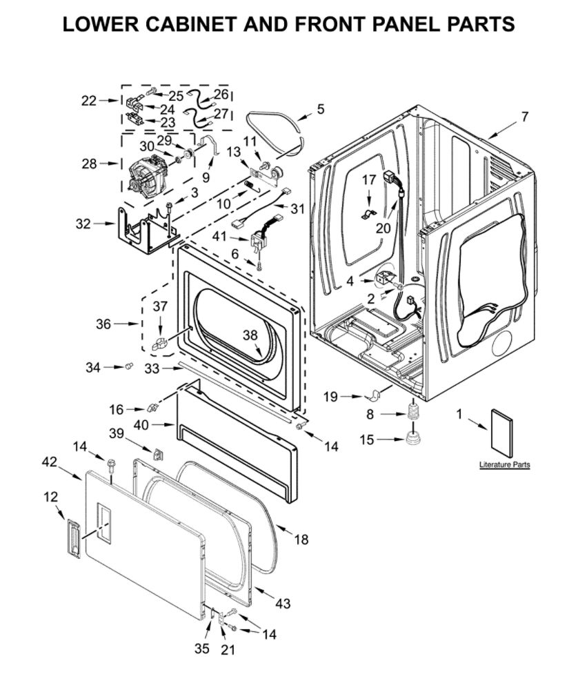 Lower Cabinet And Front Panel Diagram and Parts List for CSP2940HQ0  Whirlpool Dryer