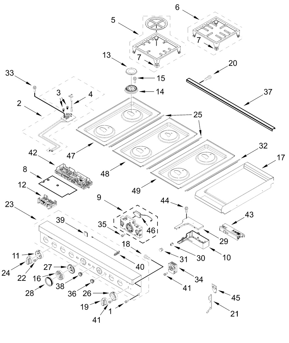 Cooktop, Burner And Grate Parts Diagram and Parts List for KFDC558JAV03  Whirlpool Range