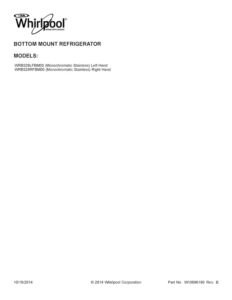 Cover Sheet Diagram and Parts List for WRB329LFBM00  Whirlpool Refrigerator