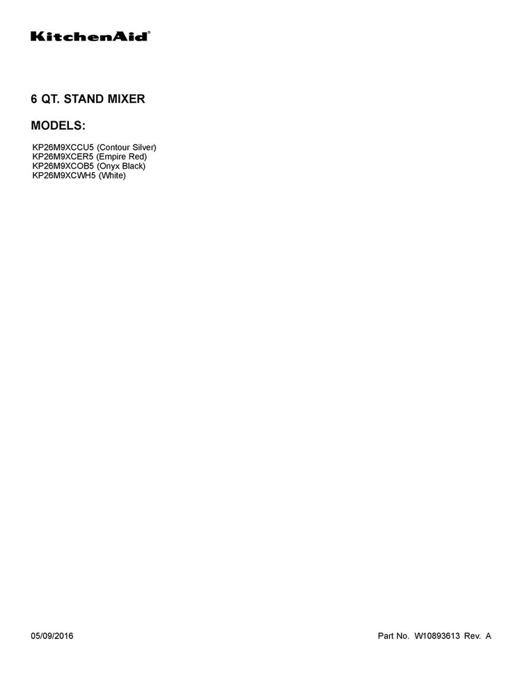 Cover Sheet Diagram and Parts List for KP26M9XCER5  KitchenAid Mixer