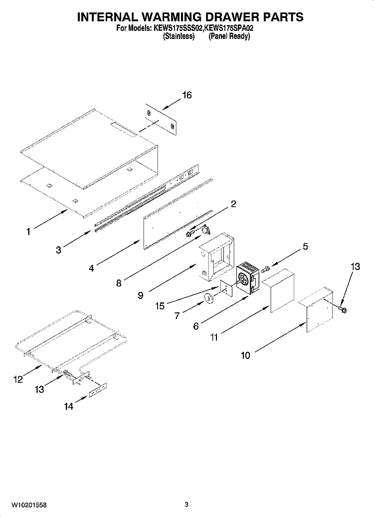 INTERNAL WARMING DRAWER PARTS Diagram and Parts List for KEWS175SPA02  KitchenAid Warming Drawer