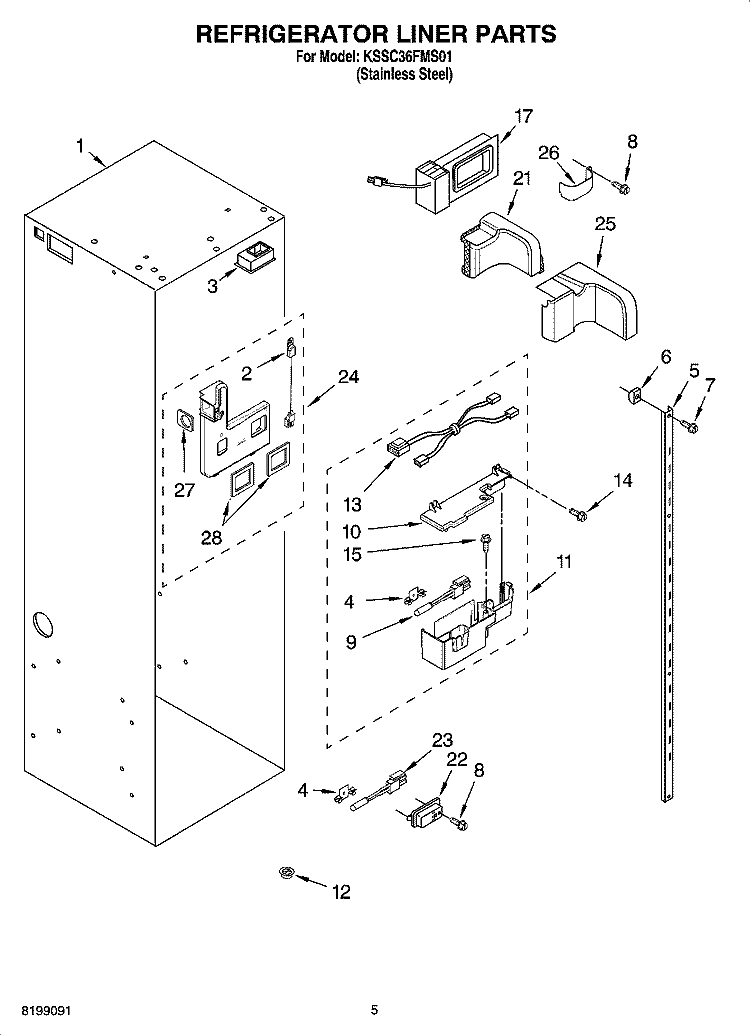 REFRIGERATOR LINER PARTS Diagram and Parts List for KSSC36FMS01  KitchenAid Refrigerator