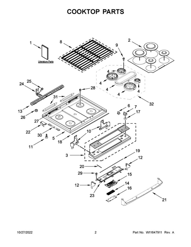 Cooktop Parts Diagram and Parts List for WEG745H0LZ4  Whirlpool Range