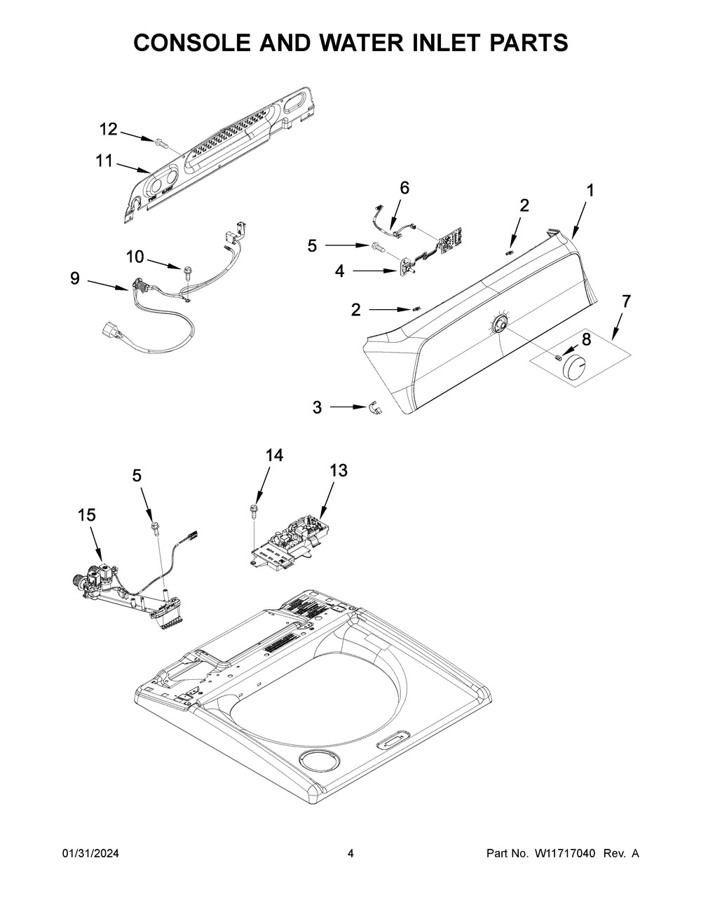 Console And Water Inlet Parts Diagram and Parts List for 8TWTW5057PW0  Whirlpool Washer