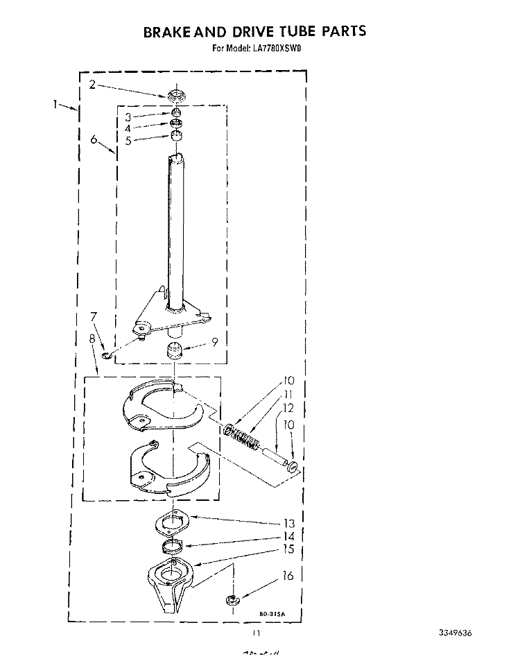 BRAKE AND DRIVE TUBE Diagram and Parts List for LA7780XSW0  Whirlpool Washer
