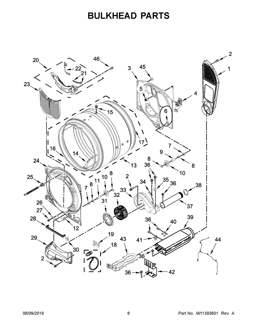 Bulkhead Parts Diagram and Parts List for YWED9620HC1  Whirlpool Dryer
