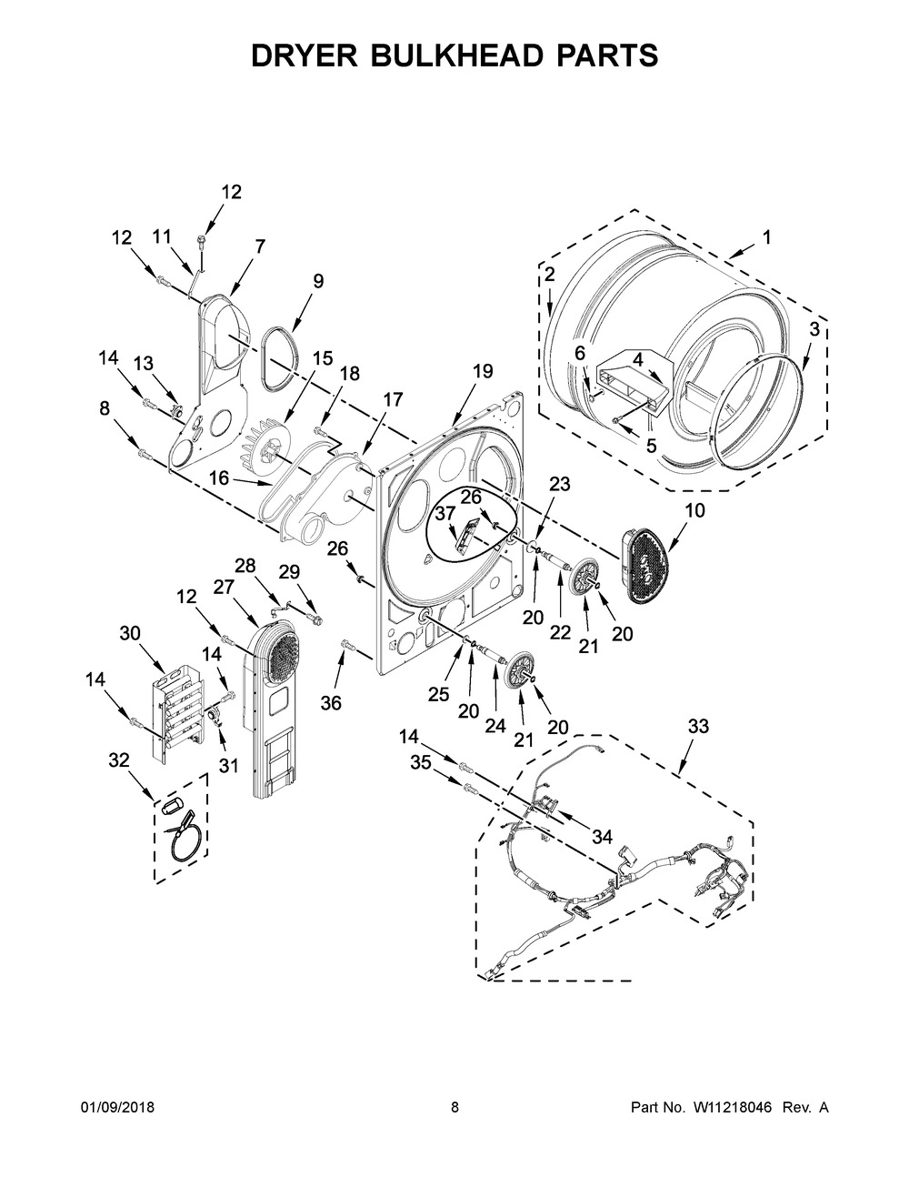Dryer Bulkhead Parts Diagram and Parts List for WET4124HW0  Whirlpool Washer Dryer Combo