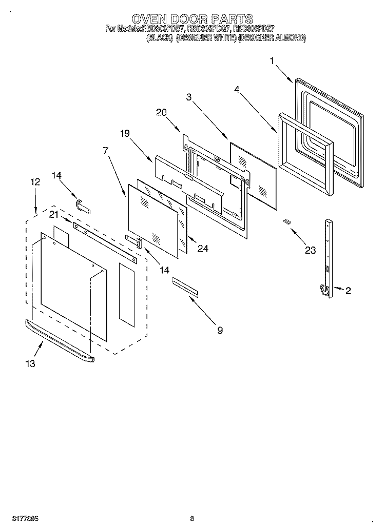 OVEN DOOR Diagram and Parts List for RBD306PDB7  Whirlpool Wall Oven