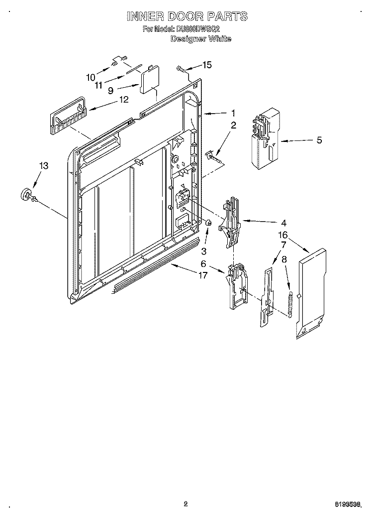 INNER DOOR Diagram and Parts List for DU800DWGQ2  Whirlpool Dishwasher
