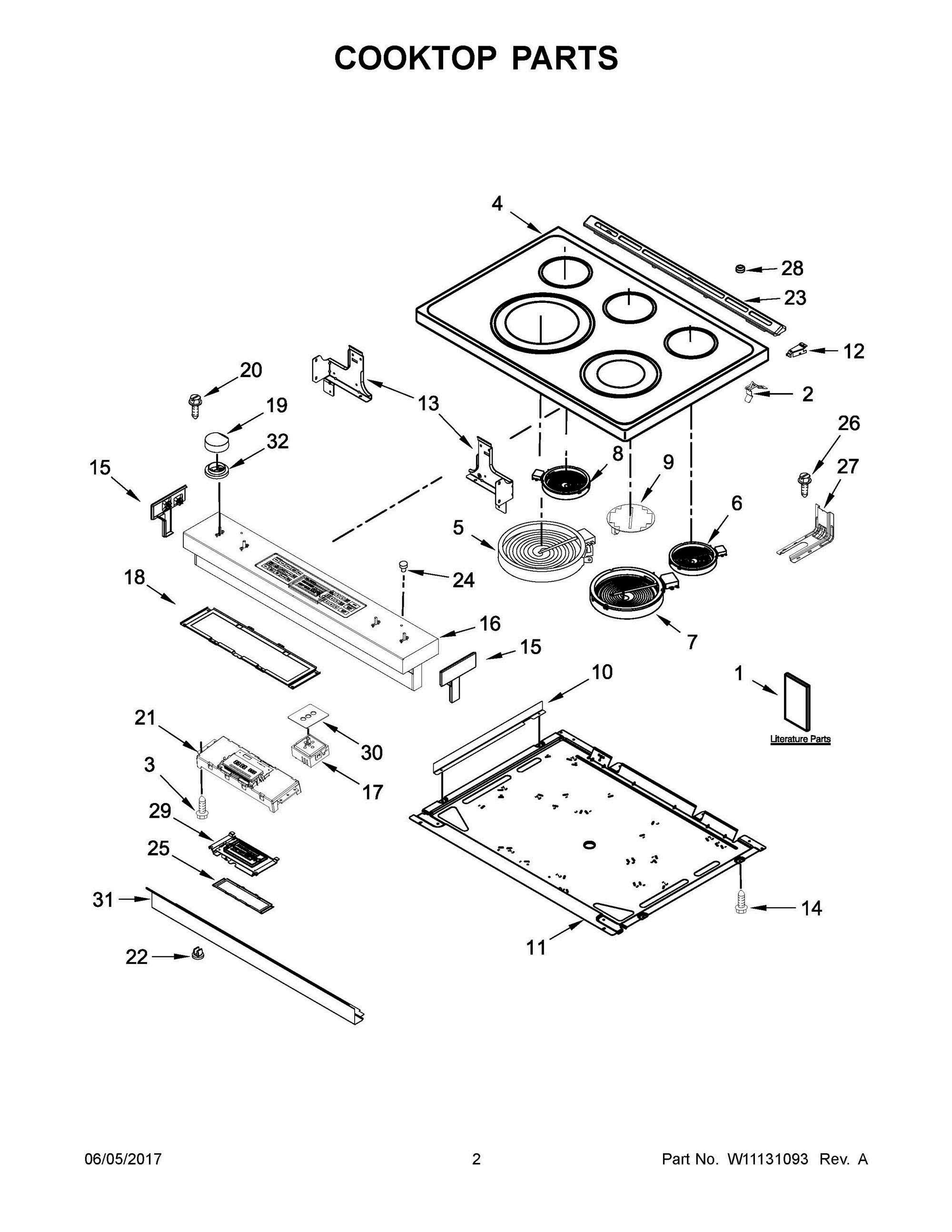02 - COOKTOP PARTS Diagram and Parts List for JES1450CFS0  Whirlpool Range