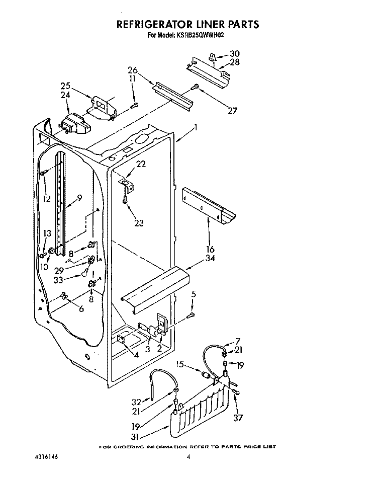 REFRIGERATOR LINER Diagram and Parts List for KSRB25QWAL02  KitchenAid Refrigerator