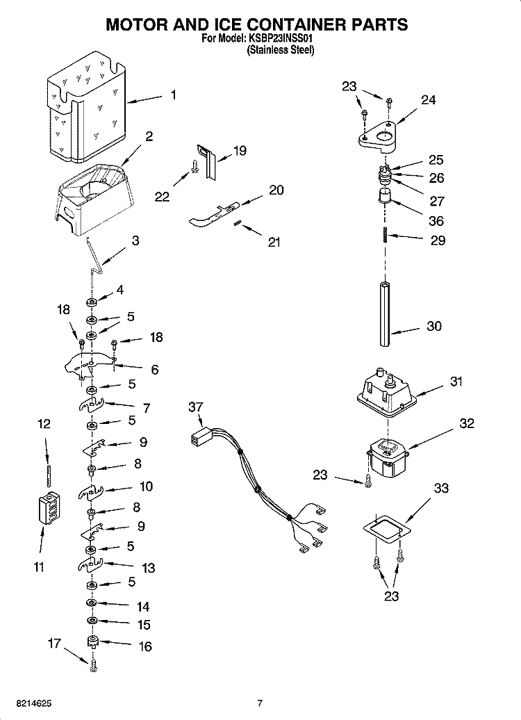 MOTOR AND ICE CONTAINER PARTS Diagram and Parts List for KSBP23INSS01  KitchenAid Refrigerator