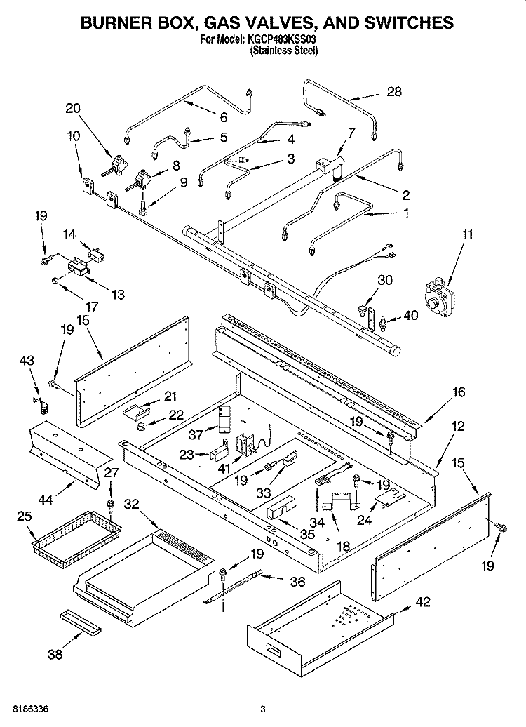 BURNER BOX, GAS VALVES, AND SWITCHES, OPTIONAL PARTS (NOT INCLUDED) Diagram and Parts List for KGCP483KSS03  KitchenAid Cooktop