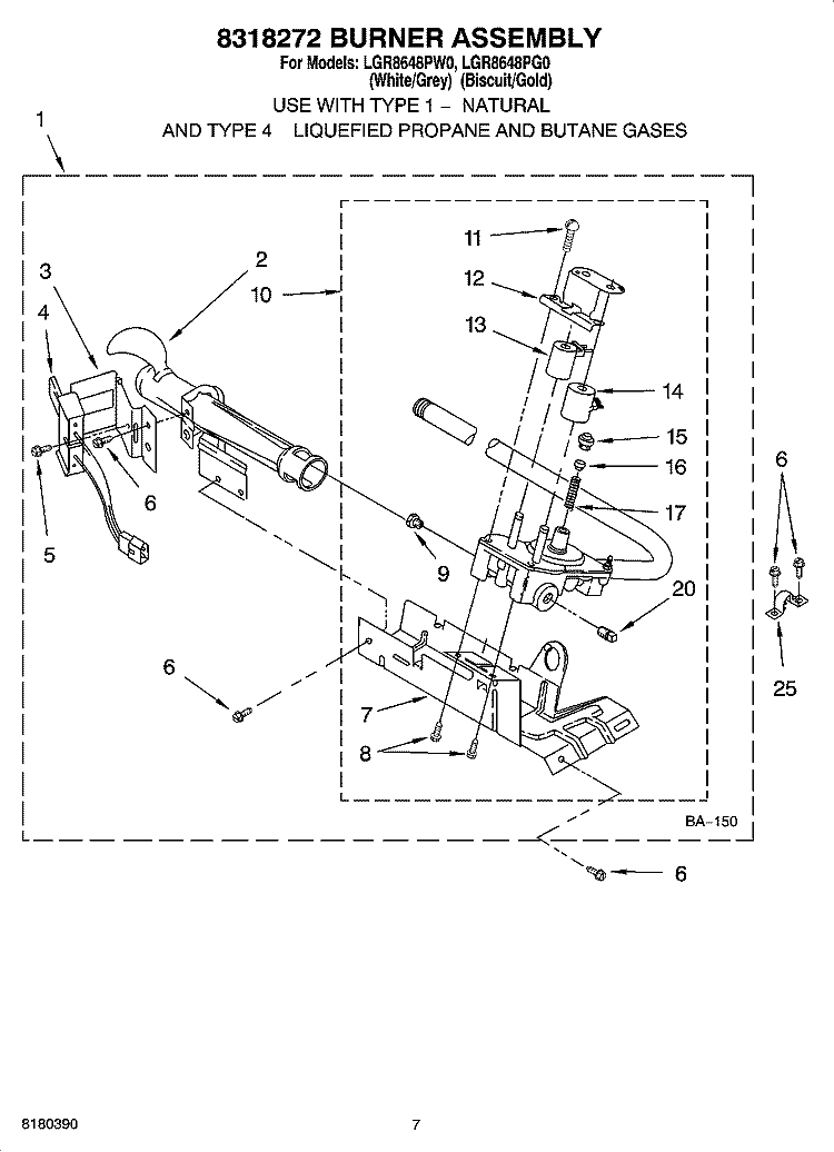 8318272 BURNER ASSEMBLY Diagram and Parts List for LGR8648PW0  Whirlpool Dryer