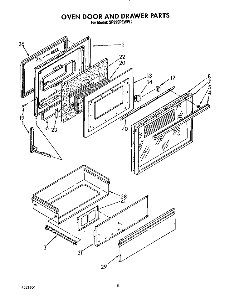 OVEN DOOR AND DRAWER Diagram and Parts List for SF395PEWW1  Whirlpool Range