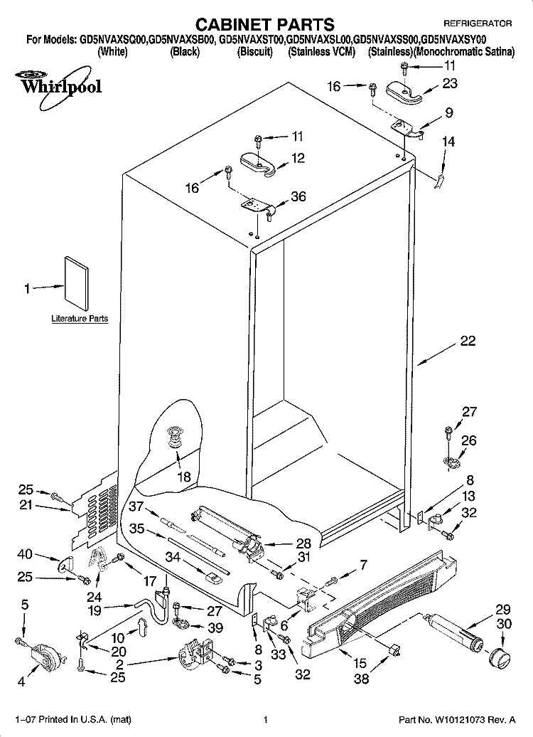 CABINET PARTS Diagram and Parts List for GD5NVAXSS00  Whirlpool Refrigerator