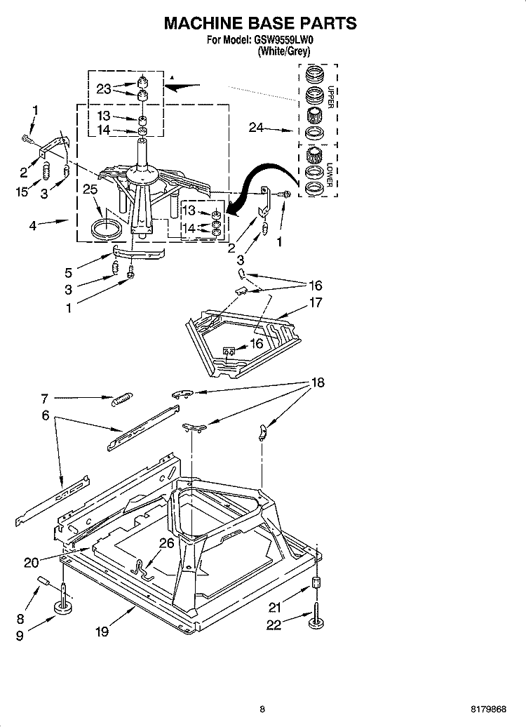 MACHINE BASE PARTS Diagram and Parts List for GSW9559LW0  Whirlpool Washer