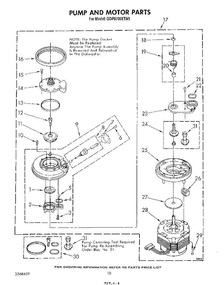 PUMP AND MOTOR Diagram and Parts List for GDP8700XTN1  Whirlpool Dishwasher