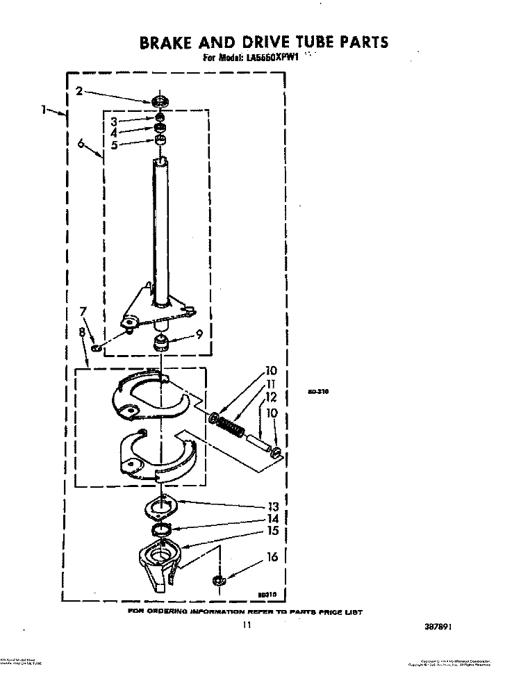 BRAKE AND DRIVE TUBE Diagram and Parts List for LA5550XPW1  Whirlpool Washer