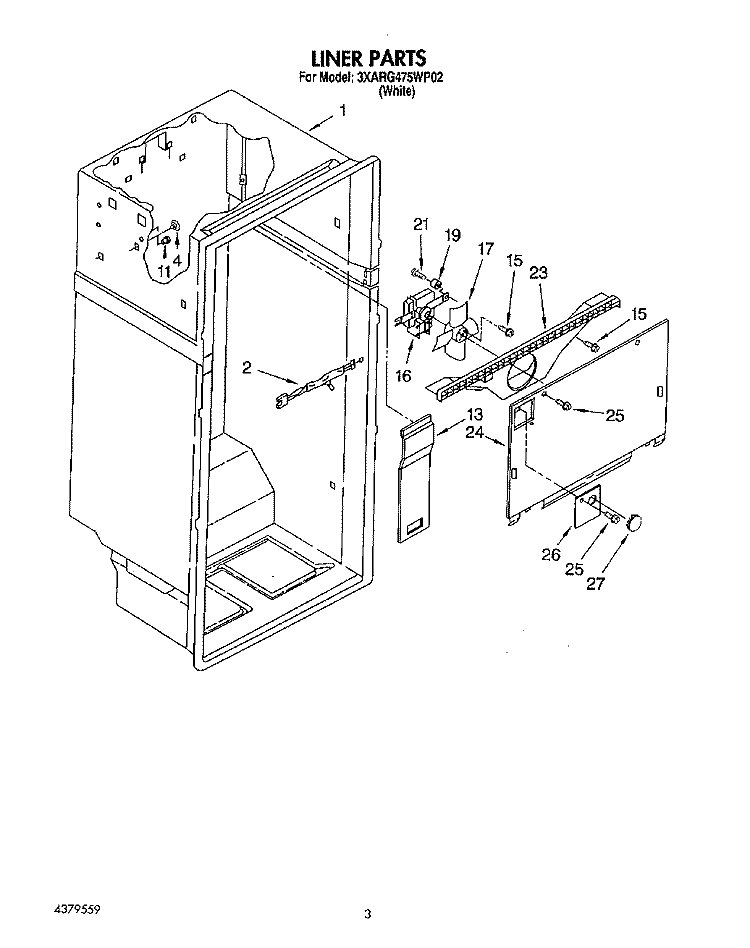 LINER Diagram and Parts List for 3XARG475WP02  Whirlpool Refrigerator