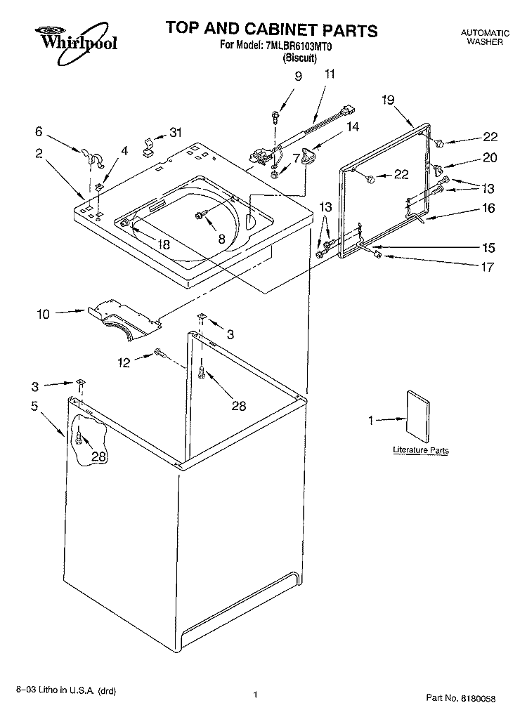 TOP AND CABINET PARTS Diagram and Parts List for 7MLBR6103MT0  Whirlpool Washer