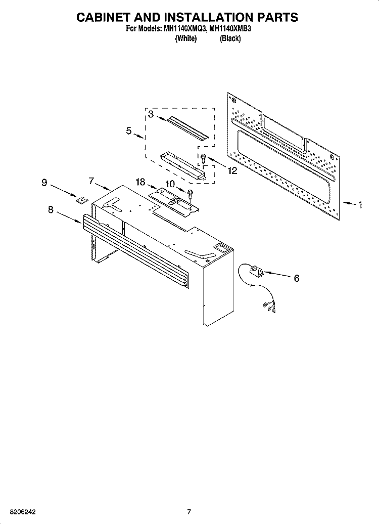 CABINET AND INSTALLATION PARTS Diagram and Parts List for MH1140XMB3  Whirlpool Microwave