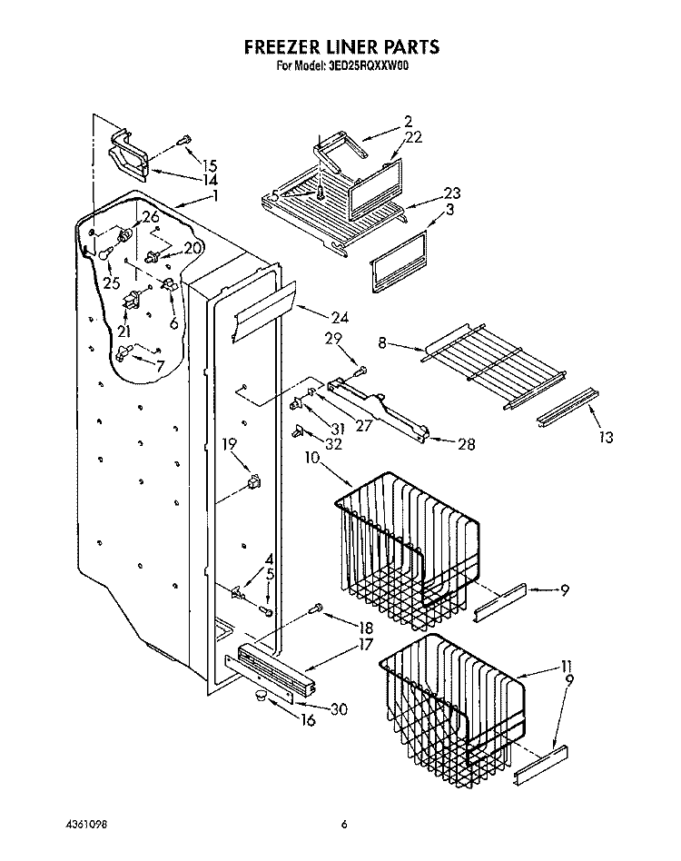 FREEZER LINER Diagram and Parts List for 3ED25RQXXW00  Whirlpool Refrigerator