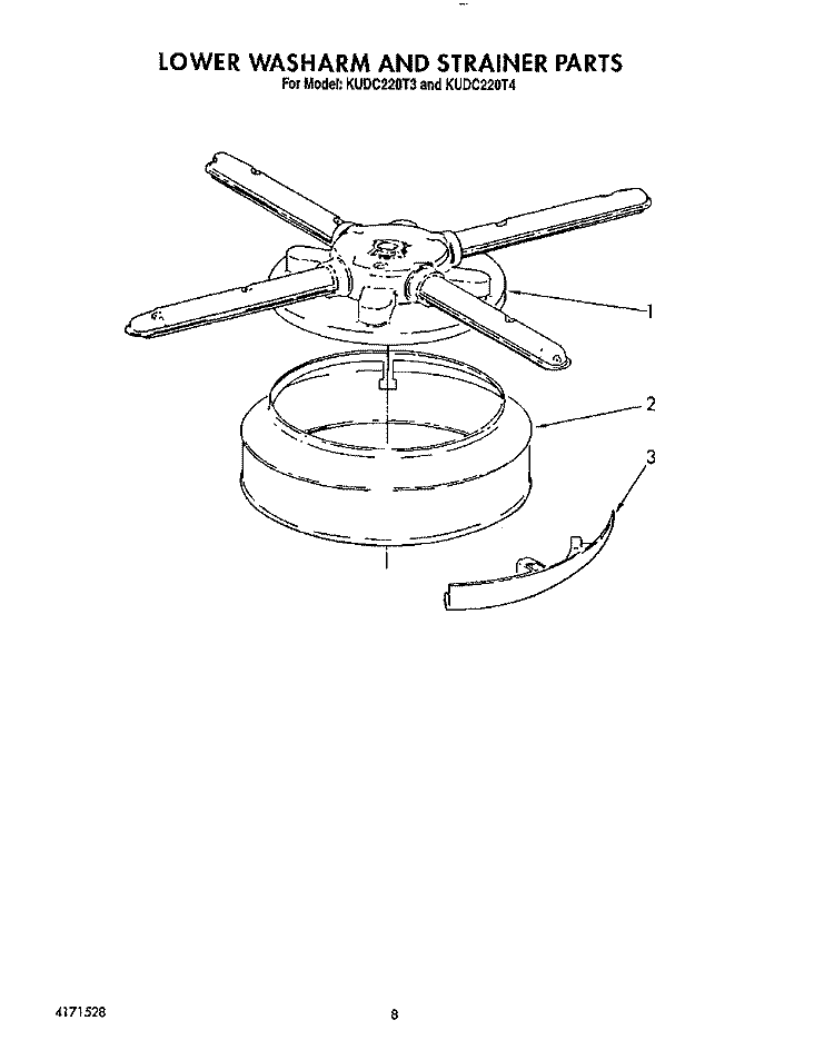LOWER WASHARM AND STRAINER Diagram and Parts List for KUDC220T3  KitchenAid Dishwasher