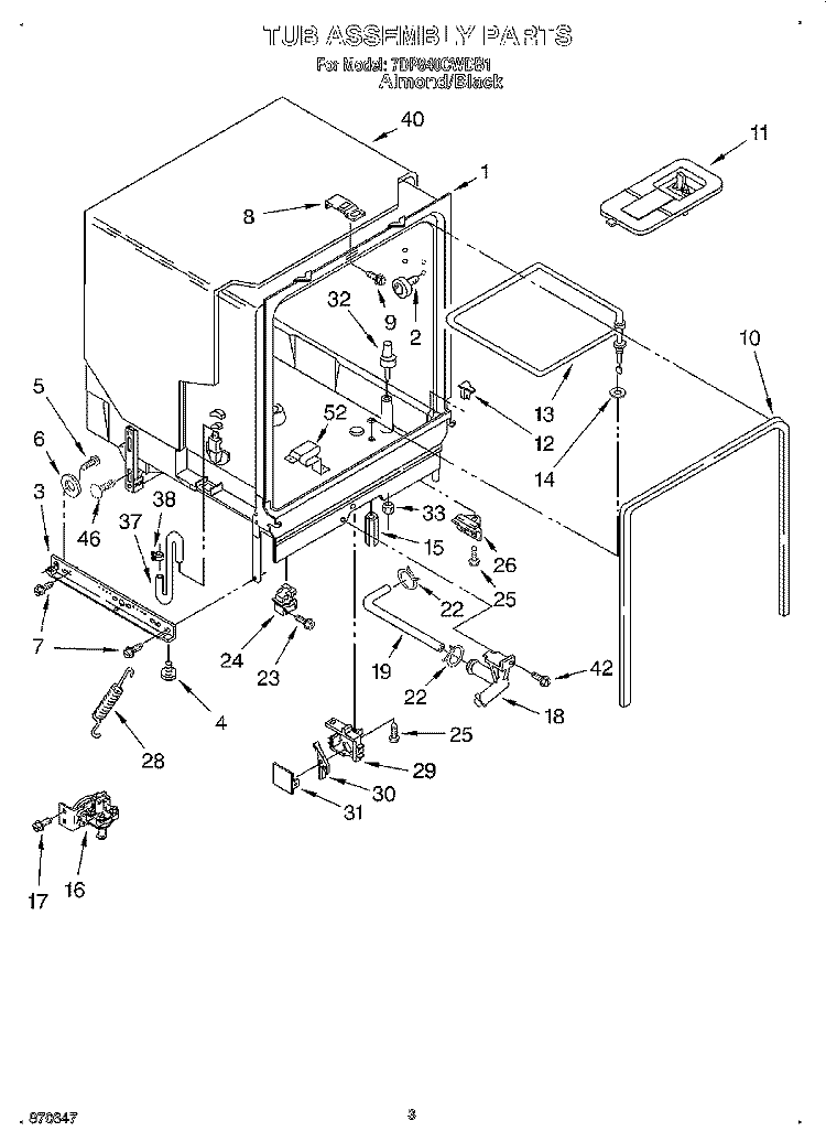 TUB ASSEMBLY Diagram and Parts List for 7DP840CWDB1  Whirlpool Dishwasher