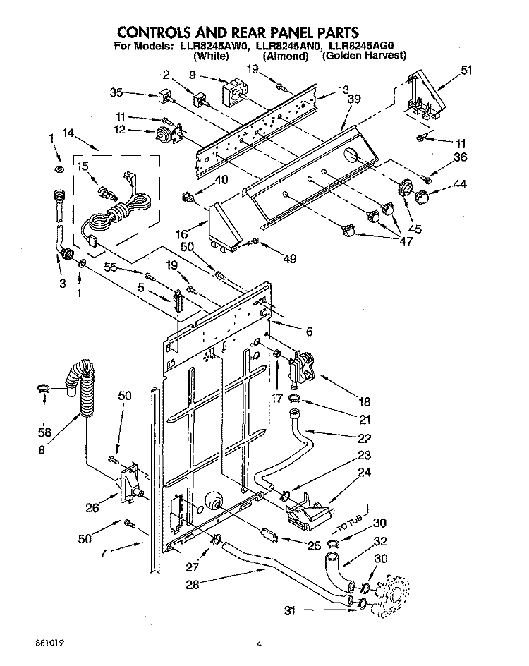 CONTROLS AND REAR PANEL Diagram and Parts List for LLR8245AG0  Whirlpool Washer