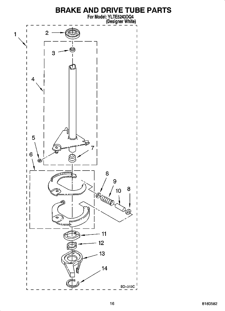 BRAKE AND DRIVE TUBE PARTS Diagram and Parts List for YLTE5243DQ4  Whirlpool Washer Dryer Combo