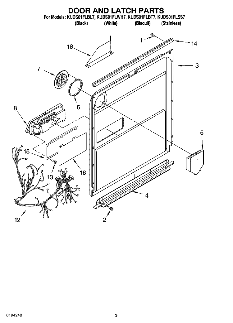 DOOR AND LATCH PARTS Diagram and Parts List for KUDS01FLBL7  KitchenAid Dishwasher