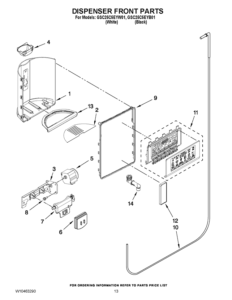 DISPENSER FRONT PARTS Diagram and Parts List for GSC25C5EYW01  Whirlpool Refrigerator