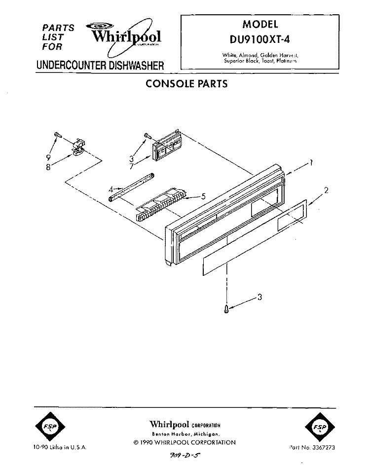 CONSOLE Diagram and Parts List for DU9100XT4  Whirlpool Dishwasher
