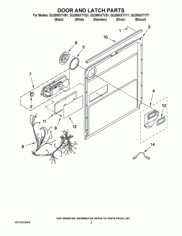 DOOR AND LATCH PARTS Diagram and Parts List for GU2800XTVB1  Whirlpool Dishwasher