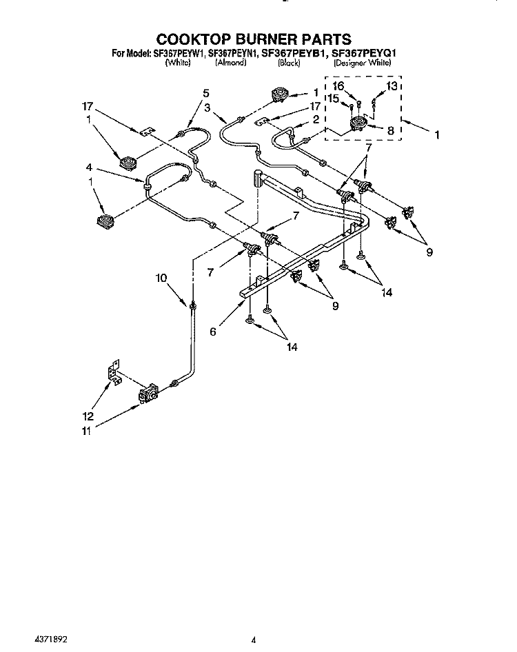 COOKTOP BURNER Diagram and Parts List for SF367PEYB1  Whirlpool Range