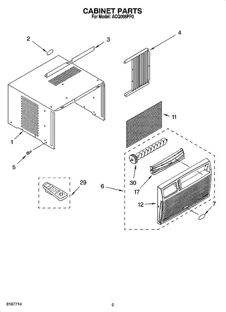 CABINET PARTS Diagram and Parts List for ACQ058PP0  Whirlpool Air Conditioner