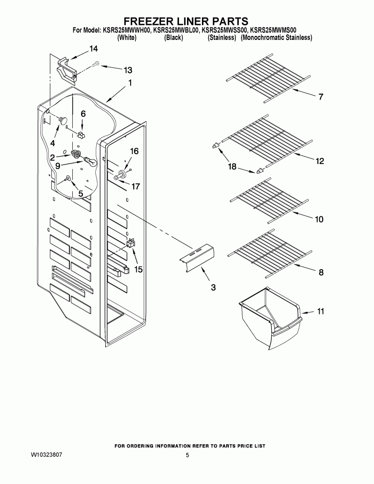 FREEZER LINER PARTS Diagram and Parts List for KSRS25MWWH00  KitchenAid Refrigerator