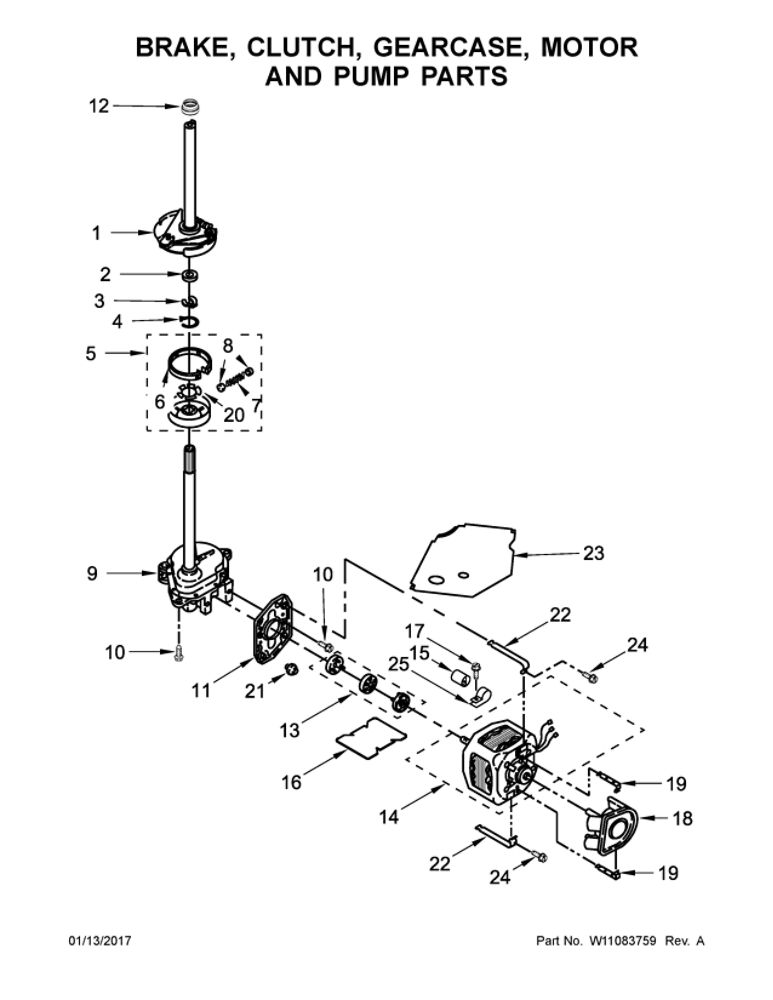 Brake, Clutch, Gearcase, Motor And Pump Parts Diagram and Parts List for WGT4027EW1  Whirlpool Washer Dryer Combo