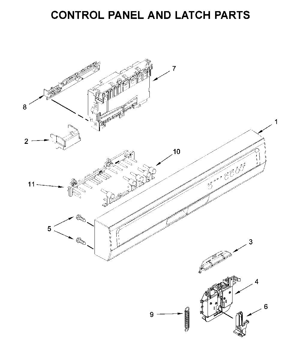 Control panel and latch parts Diagram and Parts List for WDF330PAHW4  Whirlpool Dishwasher