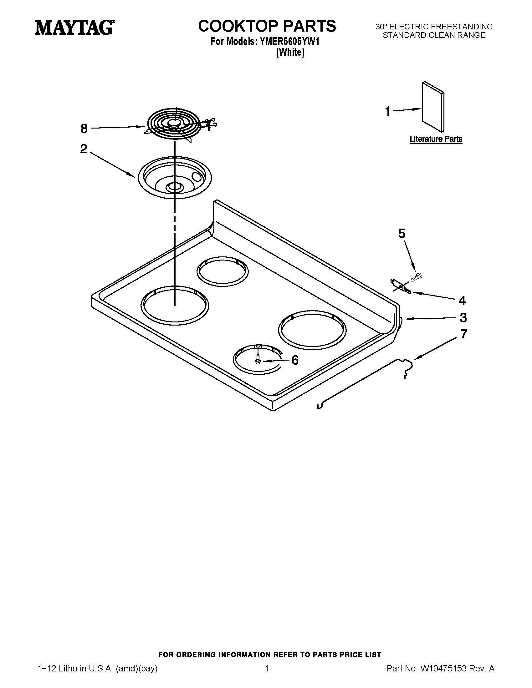 01 - COOKTOP PARTS Diagram and Parts List for YMER5605YW1  Whirlpool Range