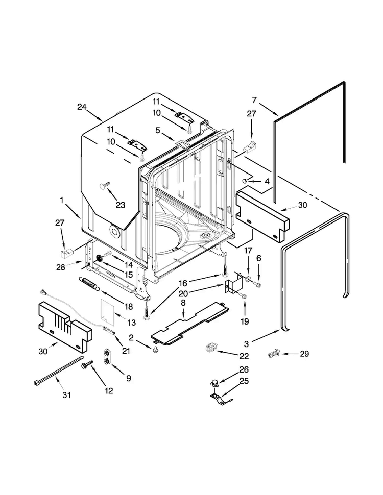 Tub And Frame Parts Diagram and Parts List for KUDE70FXBL6  KitchenAid Dishwasher