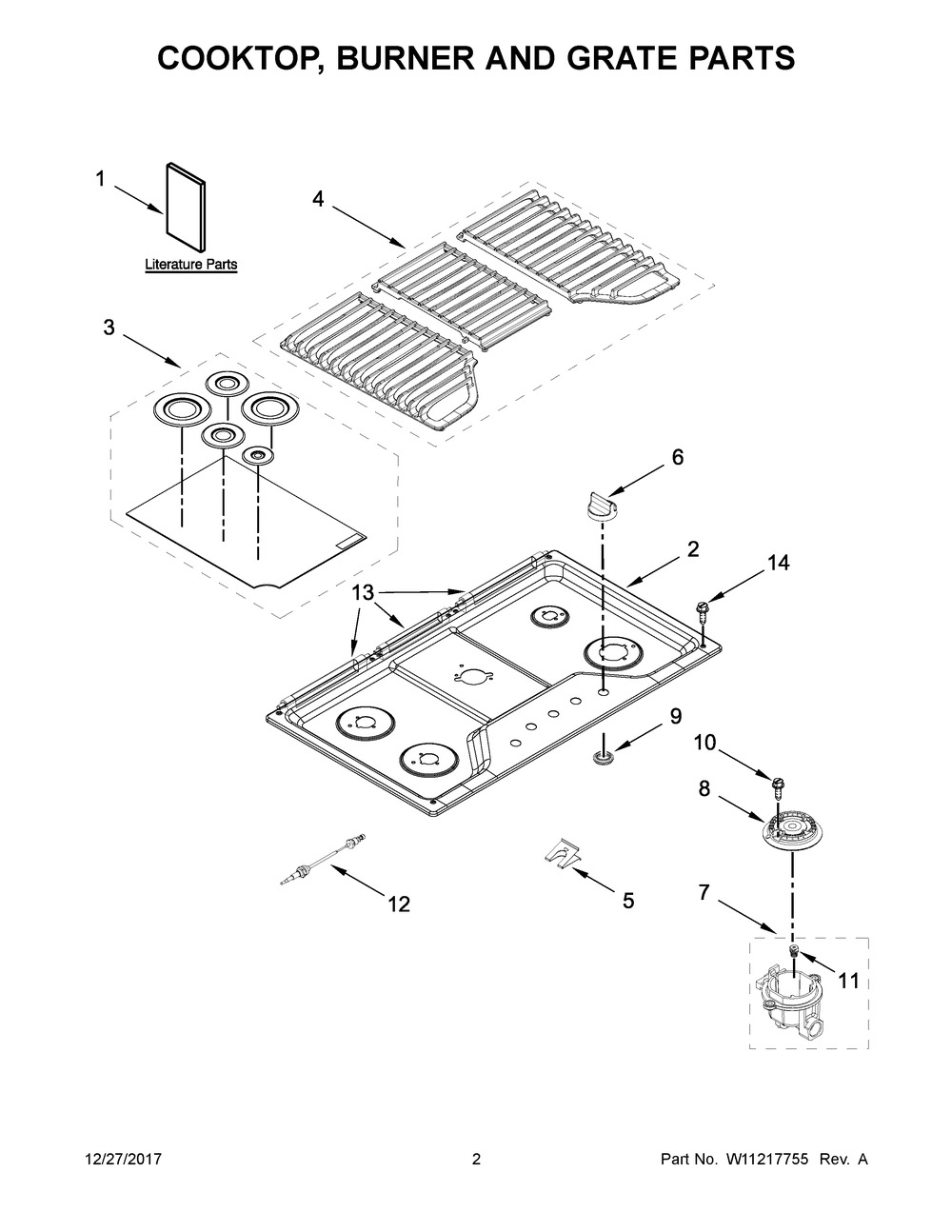 Cooktop, Burner And Grate Parts Diagram and Parts List for WCG55US6HS00  Whirlpool Cooktop