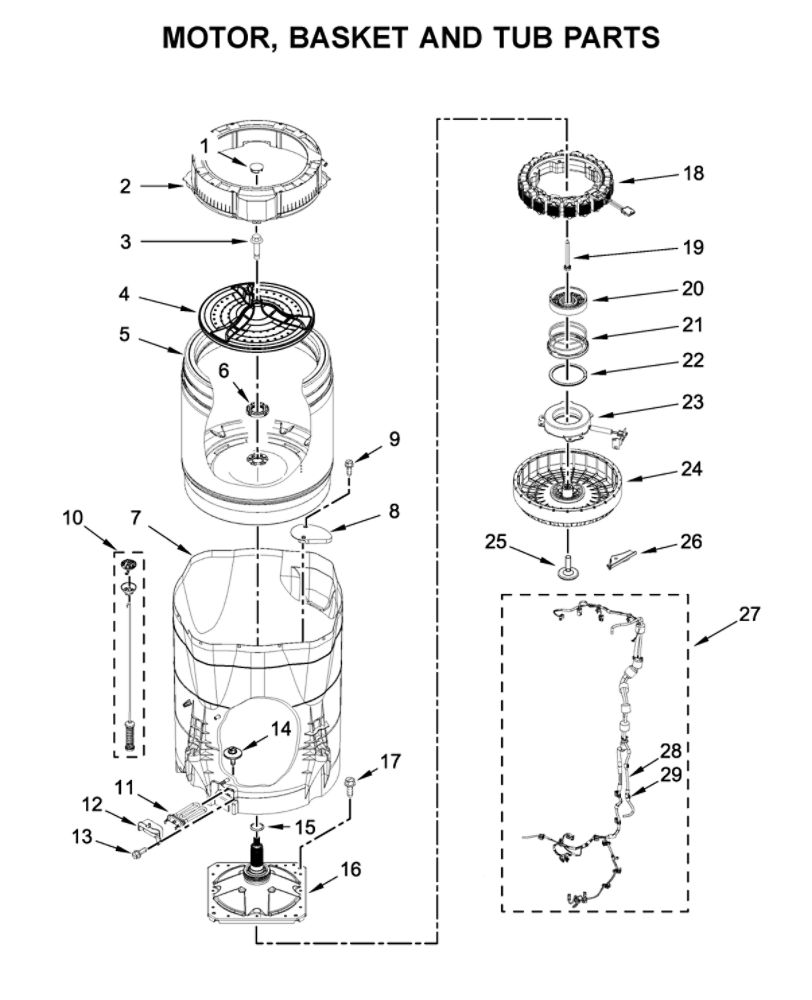 Motor, Basket And Tub Parts Diagram and Parts List for 11031633612  Kenmore Washer