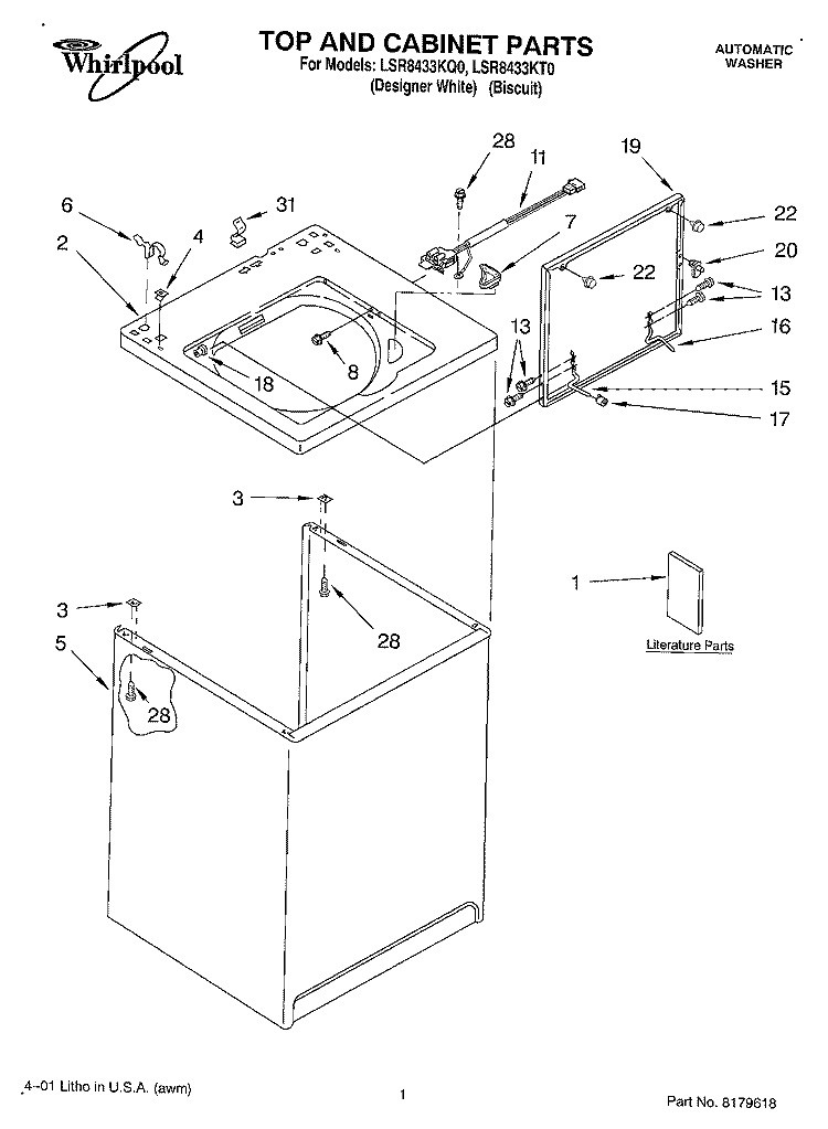 TOP AND CABINET, LITERATURE Diagram and Parts List for LSR8433KT0  Whirlpool Washer