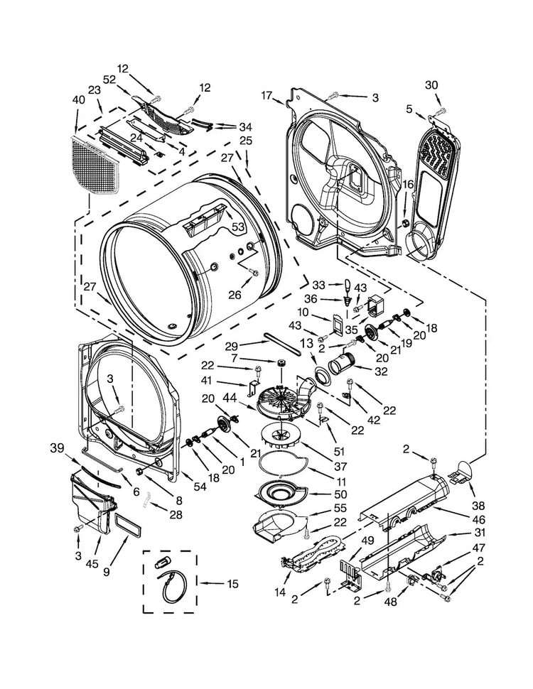 Bulkhead Parts Diagram and Parts List for WED8000BW0  Whirlpool Dryer