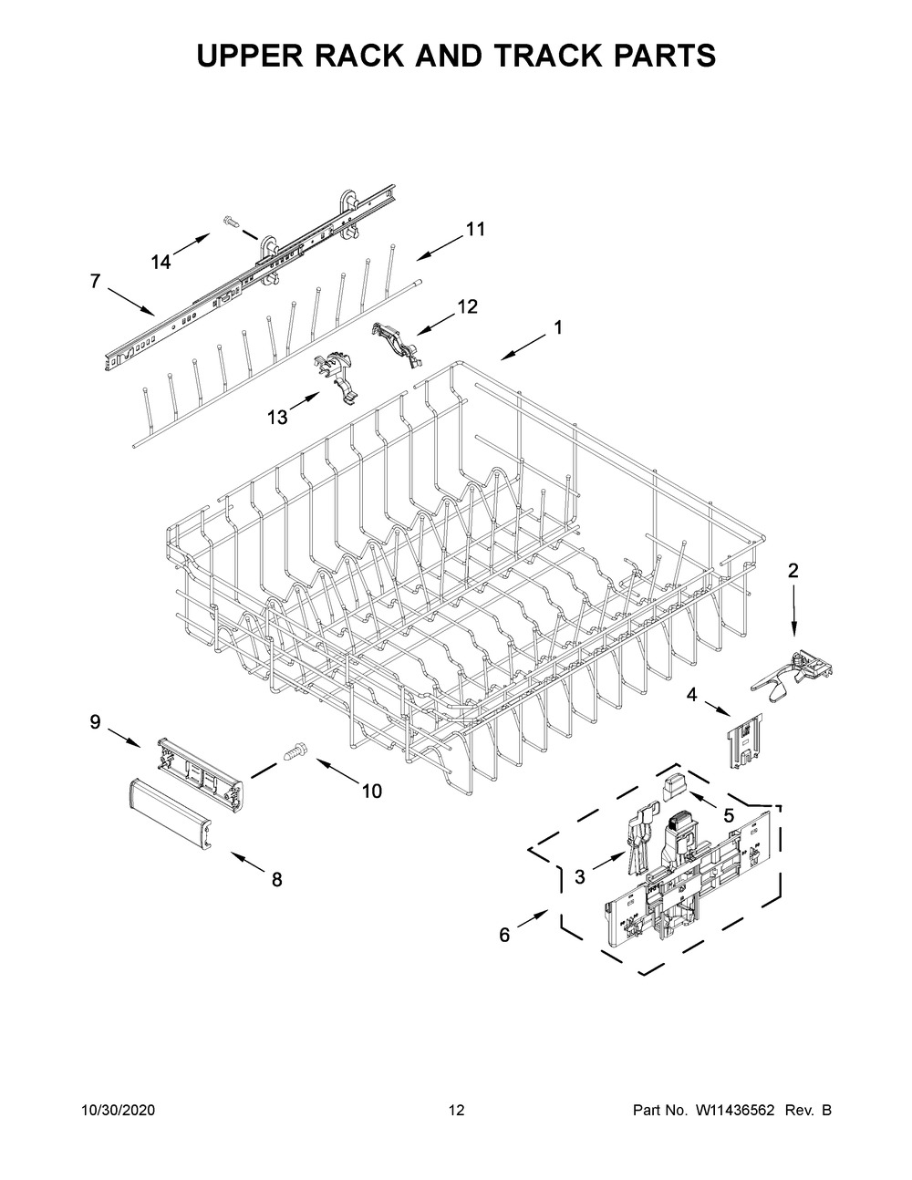 Upper Rack And Track Parts Diagram and Parts List for KDTM704KPS0  Whirlpool Dishwasher
