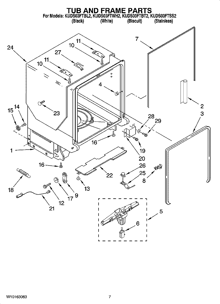 TUB AND FRAME PARTS Diagram and Parts List for KUDS03FTBT2  KitchenAid Dishwasher
