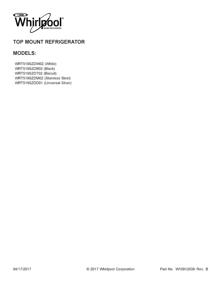 Cover Sheet Diagram and Parts List for WRT519SZDB02  Whirlpool Refrigerator
